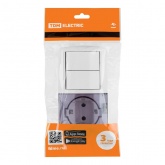 Блок TDM Селигер выключатель 2-клавишный + розетка 2П+З со шторками и прозрачной крышкой IP54 белый