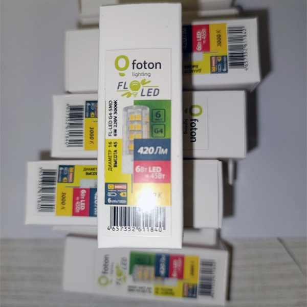 Светодиодная капсульная лампочка Фотон Лайтинг, мощностью 6 Ватт, с цоколем G4, теплый белый свет