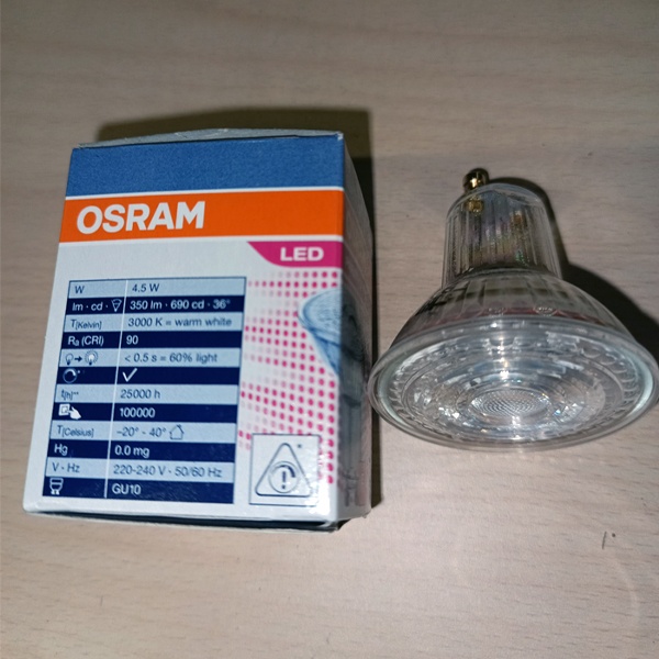 Энергосберегающая, диммируемая LED лампочка (рефлекторная) 220 Вольт акцентного освещения, мощностью 4,5 Ватта, с цоколем GU10, теплый белый свет