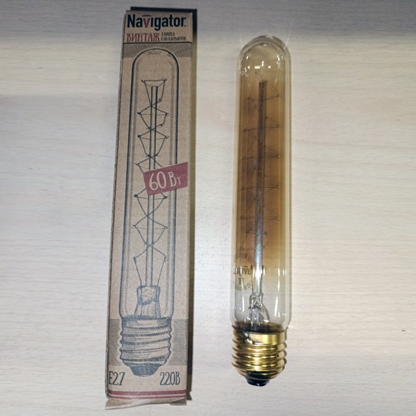 Декоративная лампа накаливания трубчатой формы золотого цвета, мощностью 60 Ватт с цоколем Е27