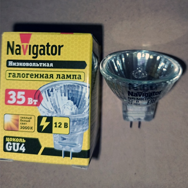 Низковольтная галогенная лампочка Навигатор, мощностью 35 Ватт, с цоколем GU4