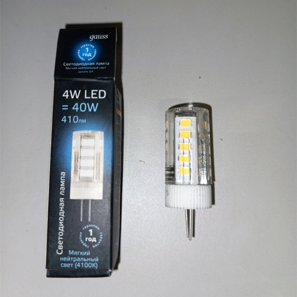 Капсульная, светодиодная лампочка Гаусс, мощностью 4 Ватта с цоколем G4, нейтральный белый свет, керамический корпус