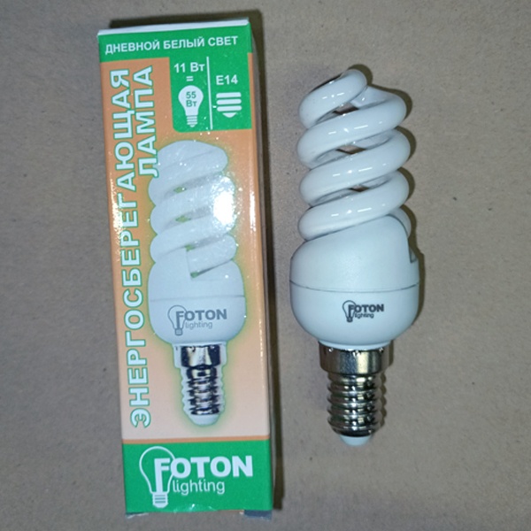 Компактная спиральная люминесцентная лампа КЛЛ мощностью 11 Ватт с цоколем Е14 миньон на 220 Вольт
