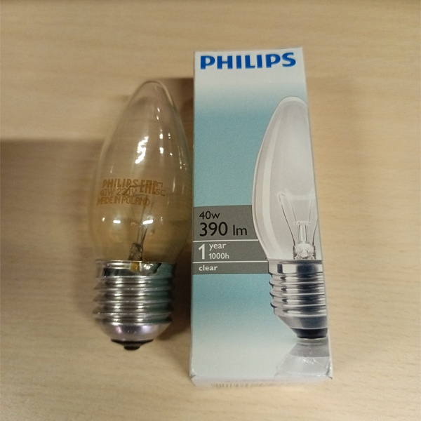 Обычная вольфрамовая лампа формы свеча мощностью 40 Вт на 220 Вольт с цоколем E27 общего назначения