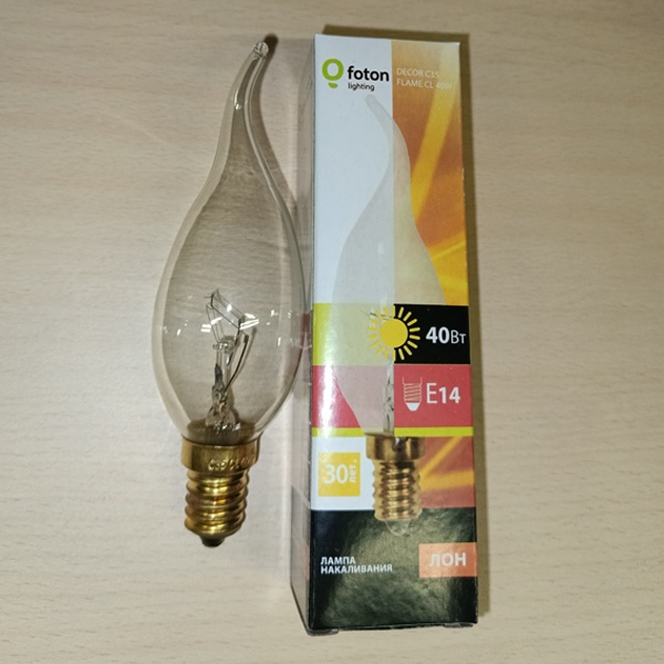 Обычная вольфрамовая лампа формы свеча на ветру мощностью 40 Вт на 220 Вольт с цоколем E14 миньон общего назначения