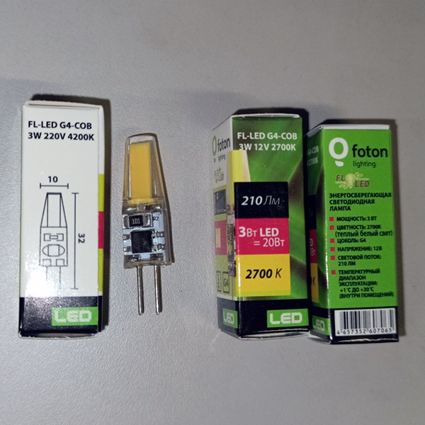 Светодиодная лампа FL-LED G4-COB 3Вт 4200К 220В 210лм 10x32мм белый свет Foton lighting