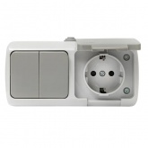 Блок розетка с заземлением и крышкой + двухклавишный выключатель EKF Мурманск IP54 серый