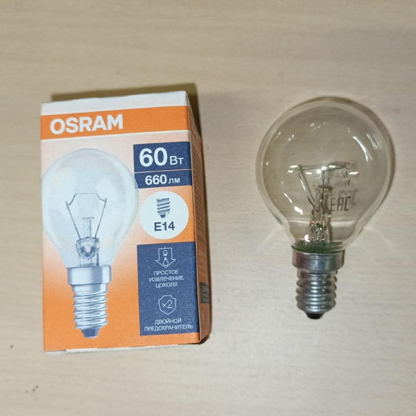 Обычная вольфрамовая лампа формы шарик мощностью 60 Вт с цоколем Е14 миньон общего назначения