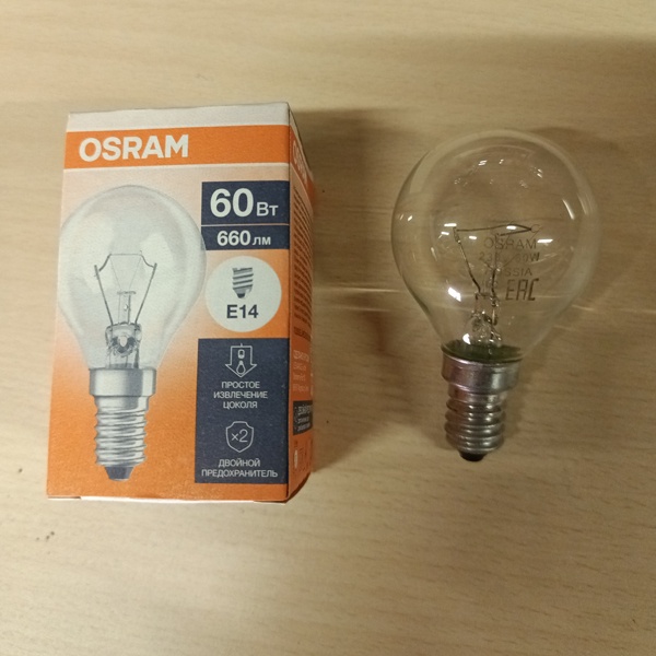 Обычная вольфрамовая лампа формы шарик мощностью 60 Вт с цоколем Е14 миньон общего назначения