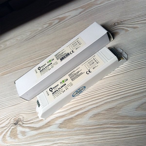 Электронный пускорегулирующий аппарат (ЭПРА) для двух люминесцентных ламп T8 с цоколем G13 мощностью 58 Ватт.