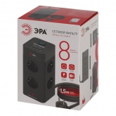 Сетевой фильтр ЭРА TWR-8es-1,5m-4USB-B башня 8х2P+E выключатель 2xUSBA+2хUSBC ПВС 3x1мм2 черный