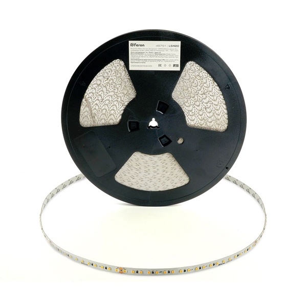 48791 Светодиодная лента Feron LS420 120SMD(2835) 8W/м 3000K 48V IP20 40000x10x1.22mm стабилизированная фото 2