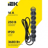 Удлинитель ИЭК Standard У06 6х2P+PE 6 розеток с заземлением 1,5м 3х1,5мм2 16А/250В черный