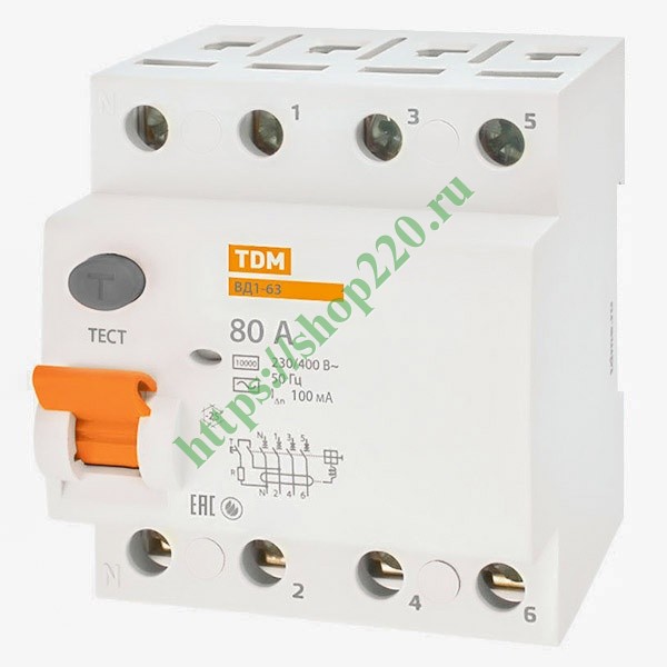 Устройство защитного отключения ВД1-63 4Р 80А 100мА тип АС TDM SQ0203 ...