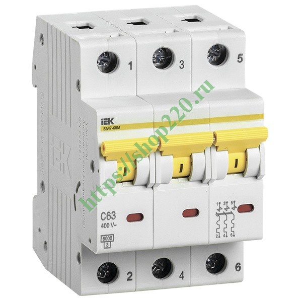 Автоматический выключатель ВА 47-60M 3Р 63А 6 кА характеристика С ИЭК ...
