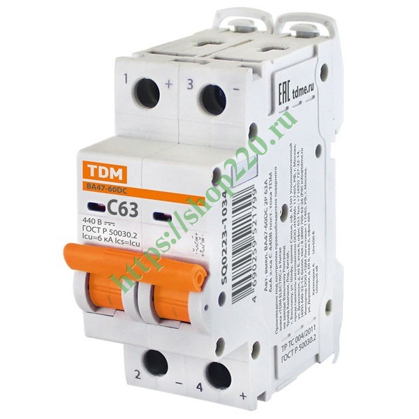 Автоматический выключатель постоянного тока ВА47-60DC 2P 63А 6кА ...