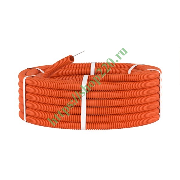 Труба ПНД гофрированная d20мм лёгкая с протяжкой цвет оранжевый [бухта ...