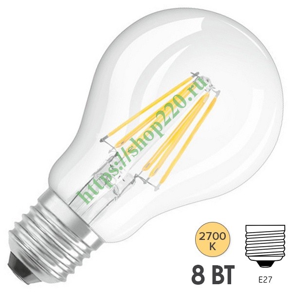 Лампа филаментная светодиодная Osram RF CLAS A60 CL 7,5W (75W) 2700K E27 1055Lm L105x60mm Filament