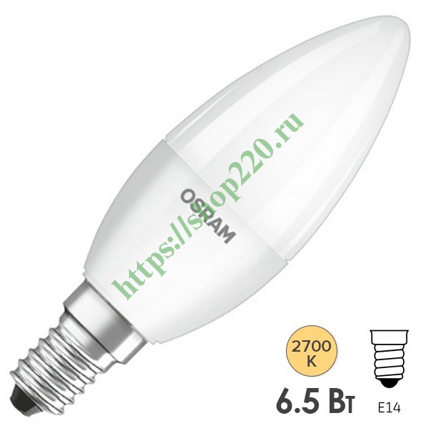 Лампа светодиодная свеча Osram LED LS CL B 6.5W/827 (60W) FR 220V E14 200° 550lm