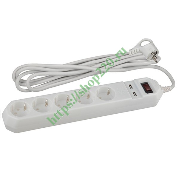 Сетевой фильтр 5 розеток+2USB, кабель 1,5 метра, белый USF-5es-1.5m-USB-W 5055945526981
