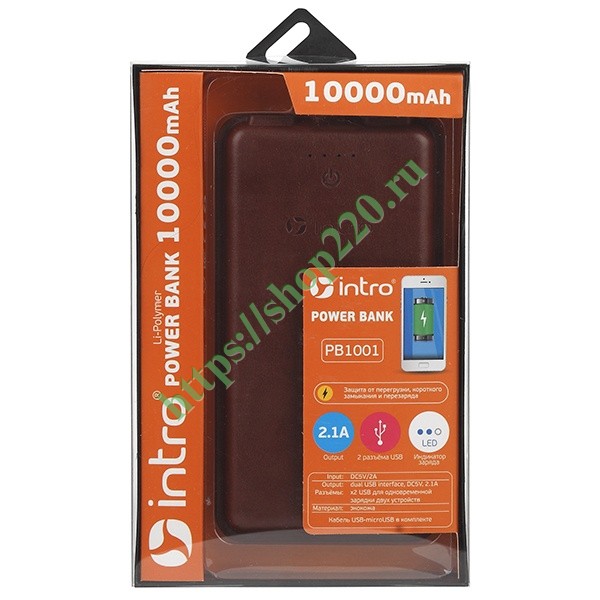 Power Bank Intro PB1001 10000mAh, USB, для зарядки мобильных устройств, Brown leather 5056183733513