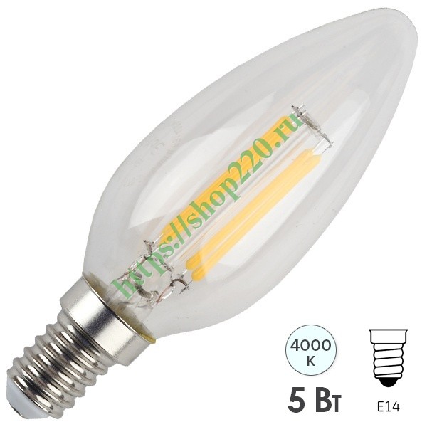 Лампа филаментная свеча ЭРА F-LED B35 5W 840 E14 белый свет 528909