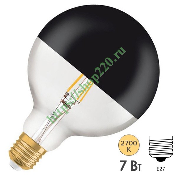 Лампа Osram GLOBE125 Vintage 1906 LED CL MIRROR BLACK 7W 2700K E27 178x125mm черный мат