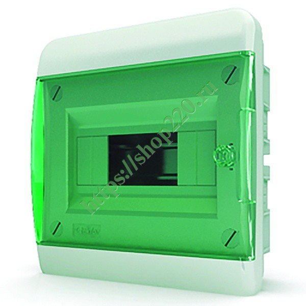 Щит встраиваемый  8 (1x8) модулей IP41 прозрачная зеленая дверца .