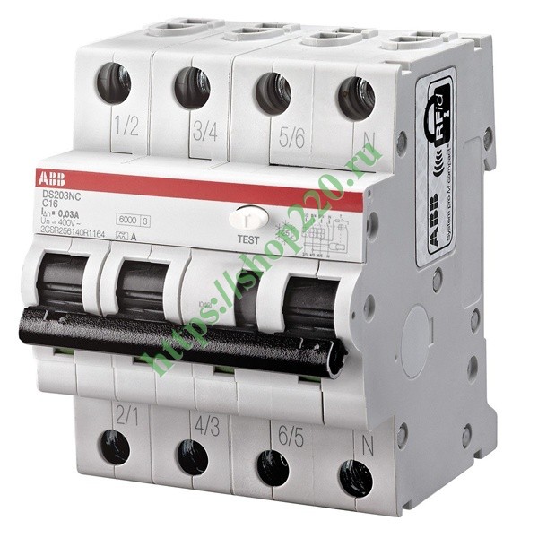 Дифференциальный автомат ABB 4-полюсный DS203NCL C16 AC 30mA 4,5кА 4 ...