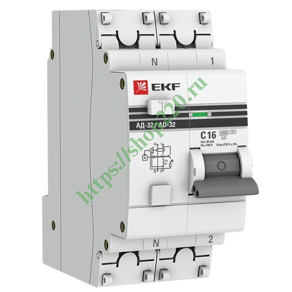 Дифференциальный автомат АД-32 1P+N 16А/30мА (хар. C, AC, электронный, защита 270В) 4,5кА EKF PROxim (дифавтомат, АВДТ)