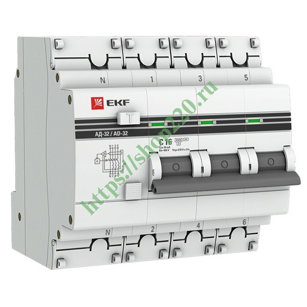 Дифференциальный автомат АД-32 3P+N 16А/30мА тип C, AC электронный 2м 4,5кА EKF PROxima (дифавтомат, АВДТ)