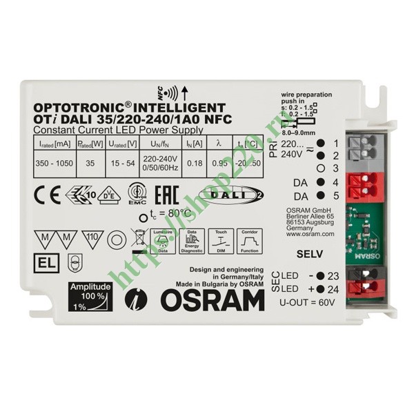 LED драйвер OSRAM OTi DALI 35/220…240/1A0 NFC /LEDset/Prog 35W 350....1050mA 103x67x30mm