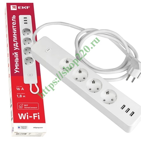 Умный удлинитель EKF Connect Wi-Fi 16А c USB голосовые помощники Алиса и Маруся