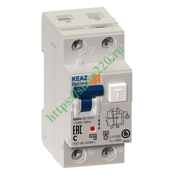 Автоматический выключатель дифференциального тока OptiDin D63-22C16-A-УХЛ4 2Р С16 30мА тип А КЭАЗ (автомат)