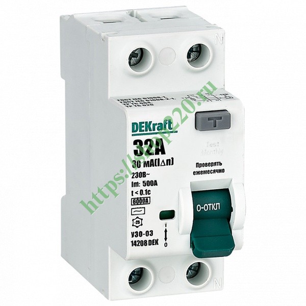 Выключатель дифференциального тока серии УЗО-03 2P 32А 30мА тип AC 6кА .