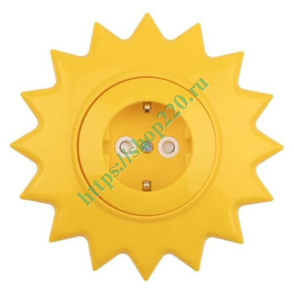 Розетка одноместная KRANZ HAPPY Солнце скрытой установки с заземлением и защитными шторками, желтая