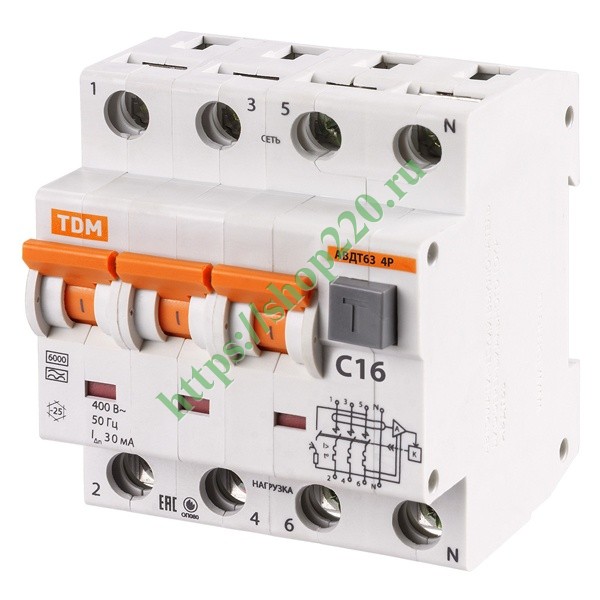 Дифференциальный автомат АВДТ 63 4P(3Р+N) C25 30мА 6кА тип А TDM 4 ...
